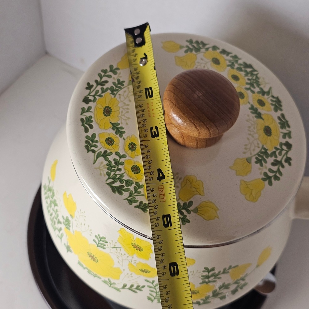 MCM 1970s Enamel‎ Fondue Pot Cottagecore Yellow Floral Poppies Japan Analog - Picture 9 of 10